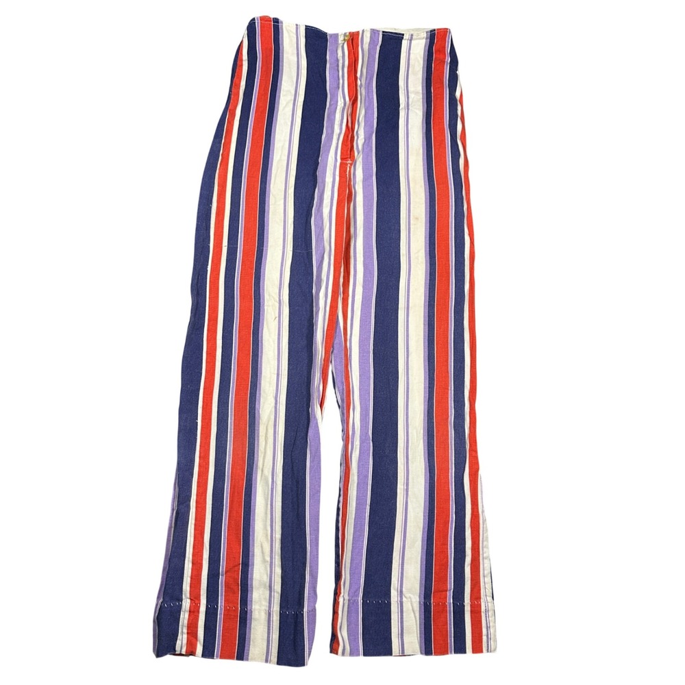 Vintage 70s Girls Wide Leg Striped Pants Red Blue Purple High Waist Size 10-12